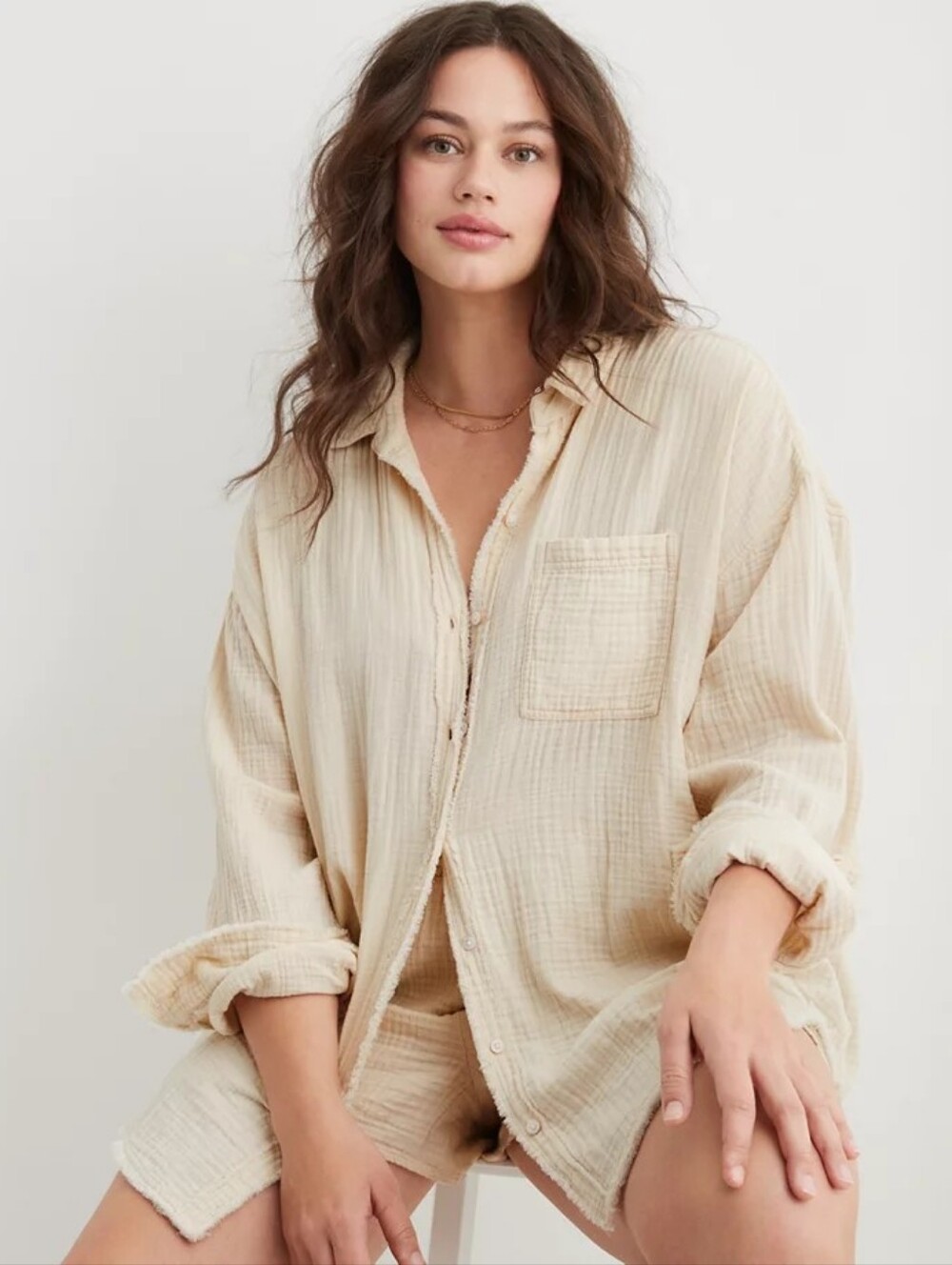 Aerie Gauzy Coverup Shirt Cream Soft Oat Oversized 100% Cotton XS